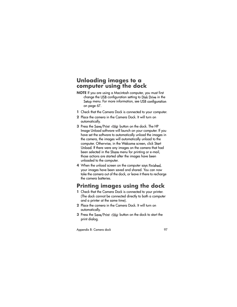 Unloading images to a computer using the dock, Printing images using the dock | HP PhotoSmart 850 User Manual | Page 97 / 112