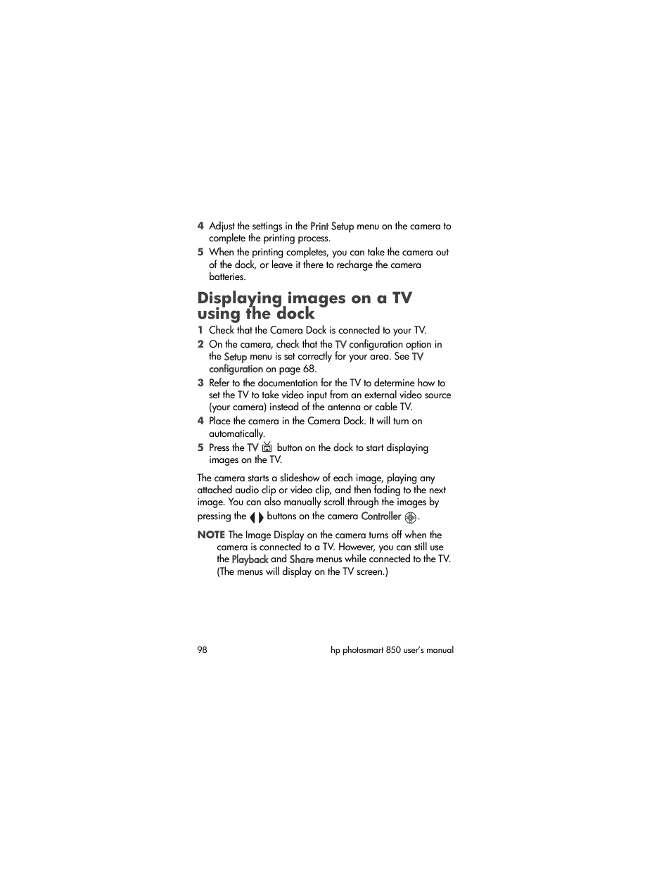 Displaying images on a tv using the dock, Displaying images on a tv, Using the dock | HP PhotoSmart 850 User Manual | Page 98 / 112
