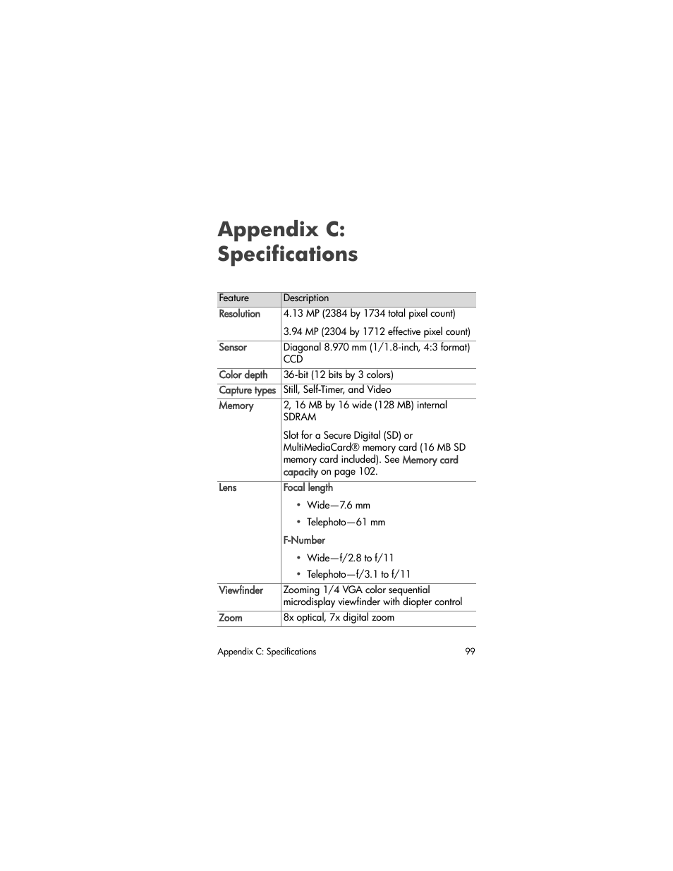 Appendix c: specifications, Appendix c, Specifications | HP PhotoSmart 850 User Manual | Page 99 / 112