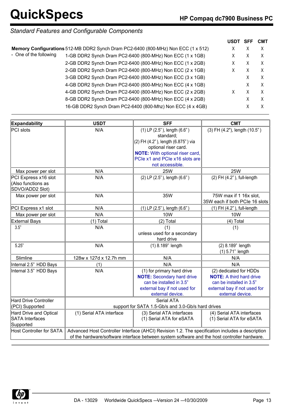 Quickspecs | HP QUICKSPECS DC7900 User Manual | Page 13 / 63