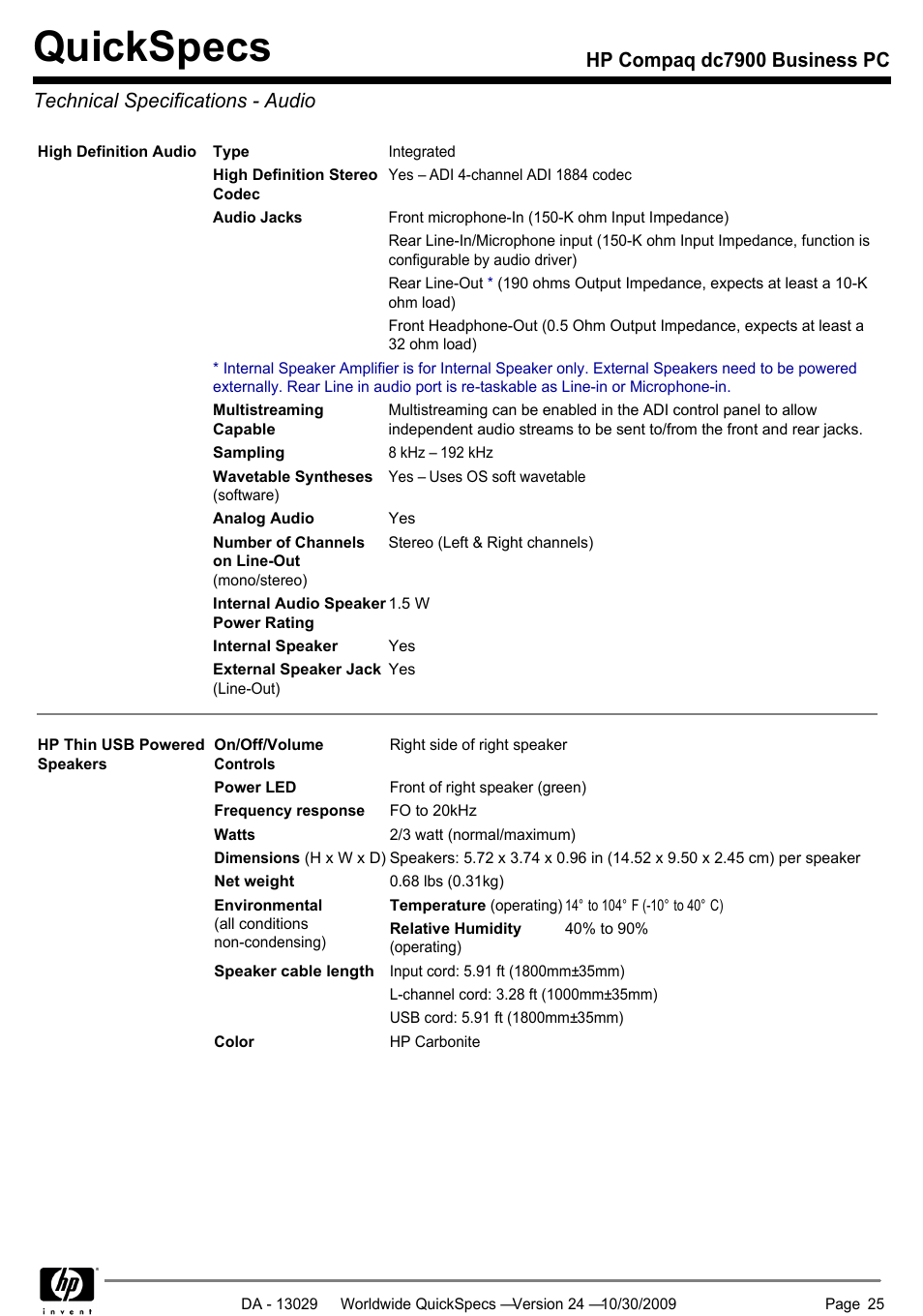 Technical specifications - audio, Quickspecs | HP QUICKSPECS DC7900 User Manual | Page 25 / 63