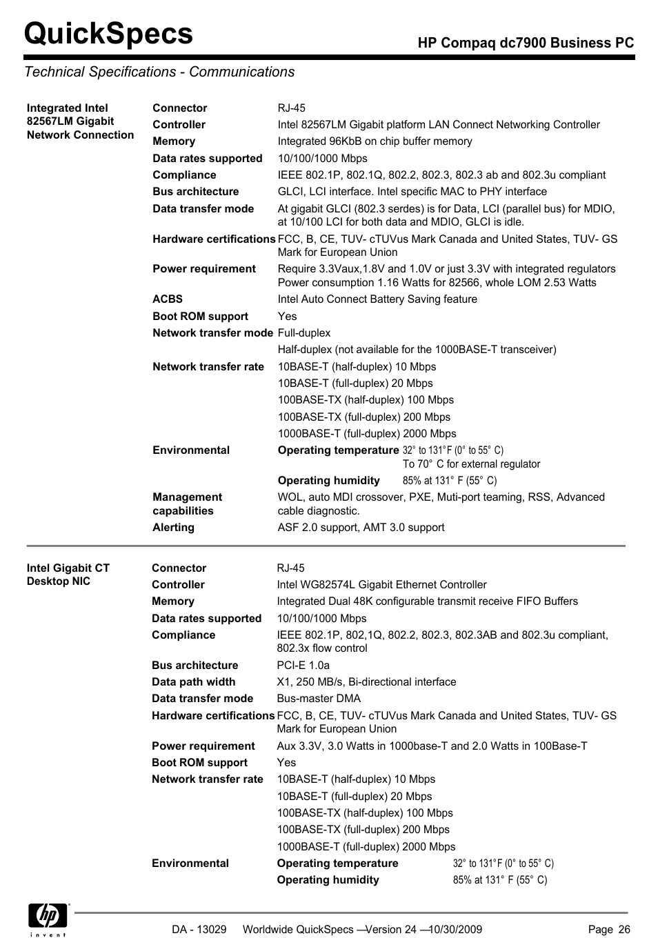 Technical specifications - communications, Quickspecs | HP QUICKSPECS DC7900 User Manual | Page 26 / 63