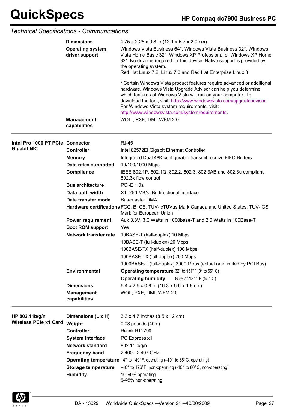 Quickspecs | HP QUICKSPECS DC7900 User Manual | Page 27 / 63