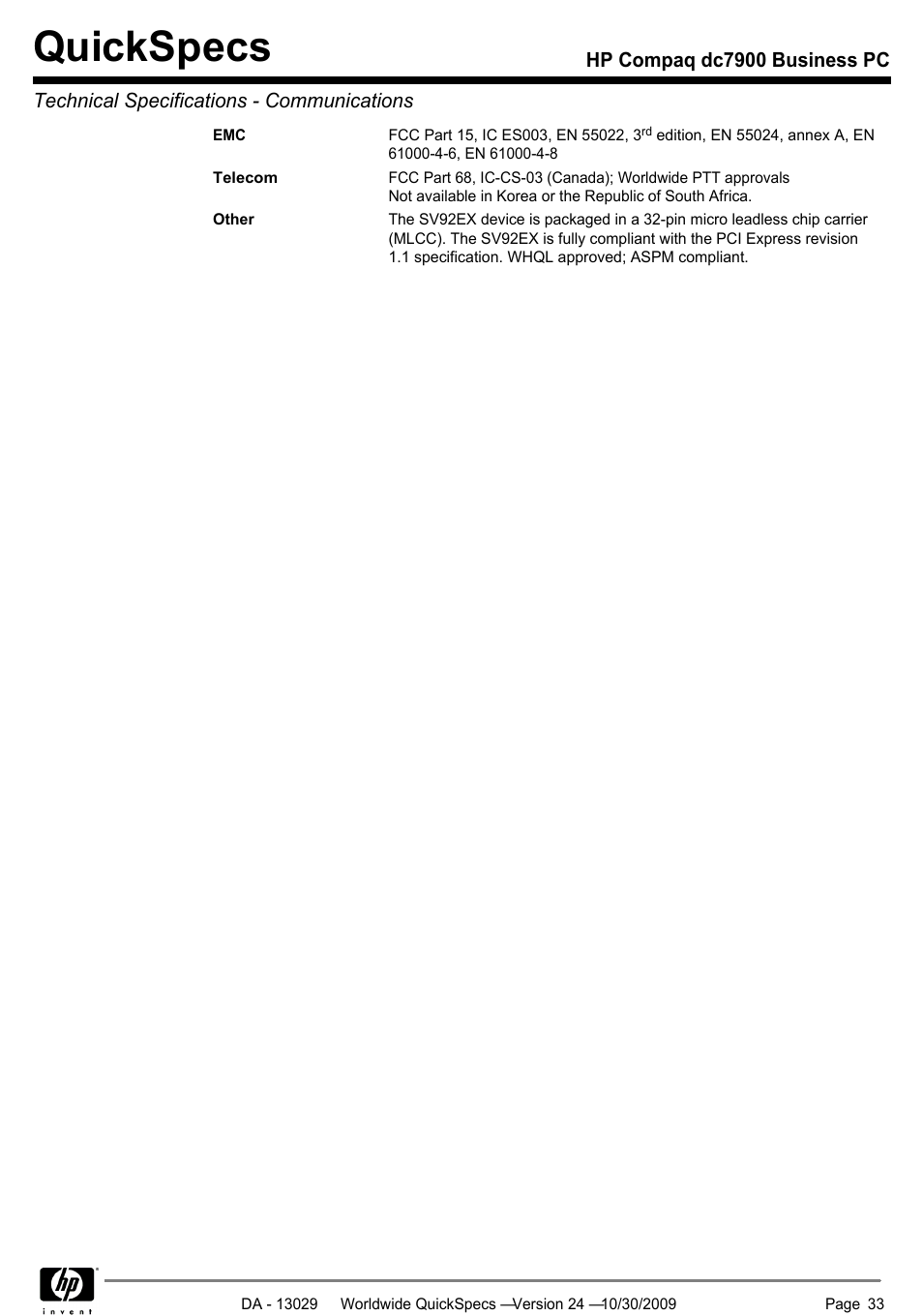 Quickspecs | HP QUICKSPECS DC7900 User Manual | Page 33 / 63