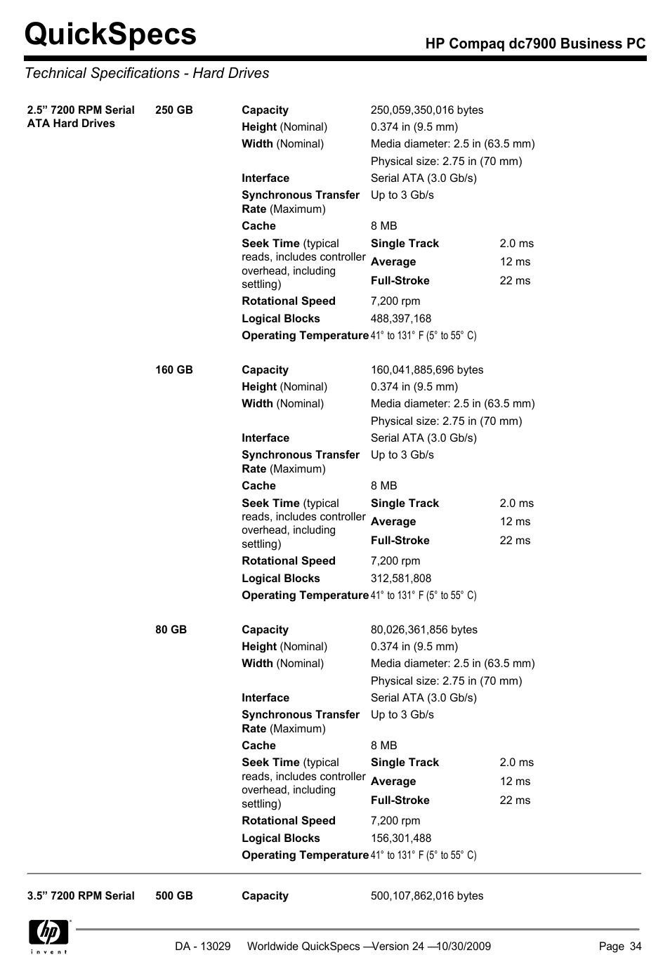 Technical specifications - hard drives, Quickspecs | HP QUICKSPECS DC7900 User Manual | Page 34 / 63