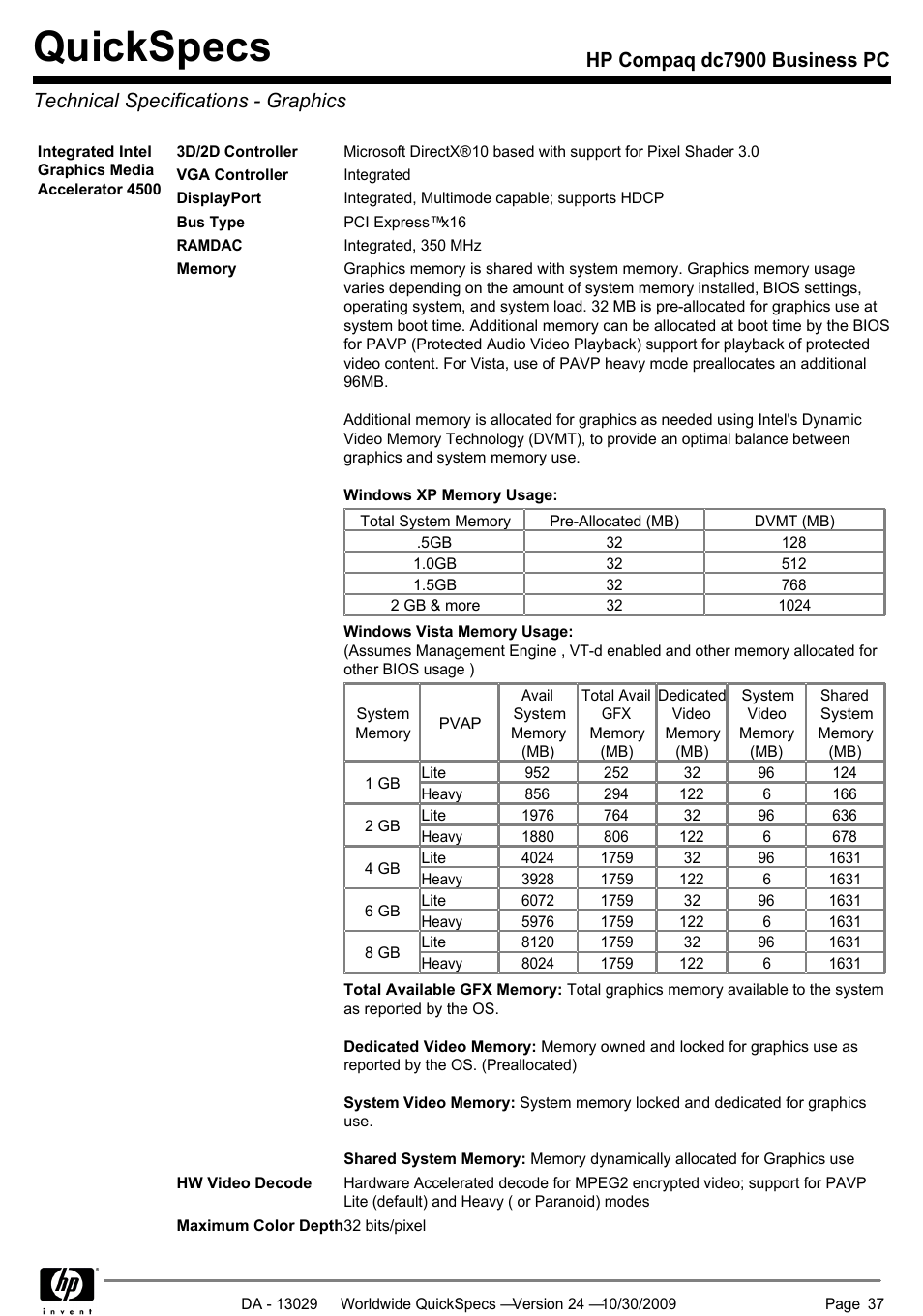 Technical specifications - graphics, Quickspecs | HP QUICKSPECS DC7900 User Manual | Page 37 / 63