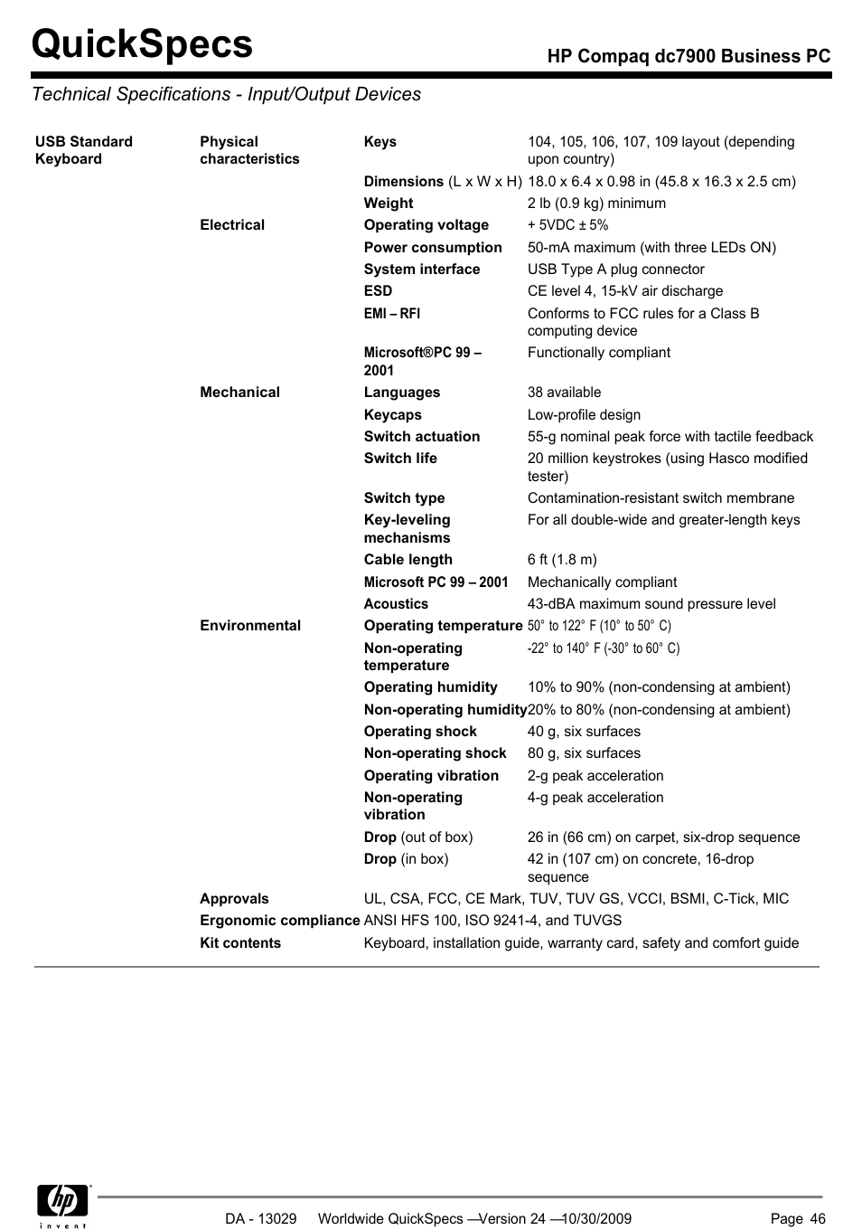 Technical specifications - input/output devices, Quickspecs | HP QUICKSPECS DC7900 User Manual | Page 46 / 63