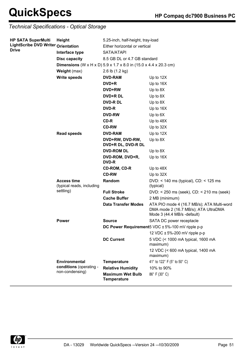 Technical specifications - optical storage, Quickspecs | HP QUICKSPECS DC7900 User Manual | Page 51 / 63