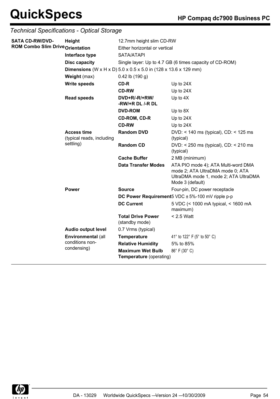 Quickspecs | HP QUICKSPECS DC7900 User Manual | Page 54 / 63