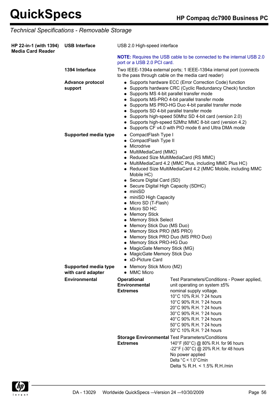 Technical specifications - removable storage, Quickspecs | HP QUICKSPECS DC7900 User Manual | Page 56 / 63