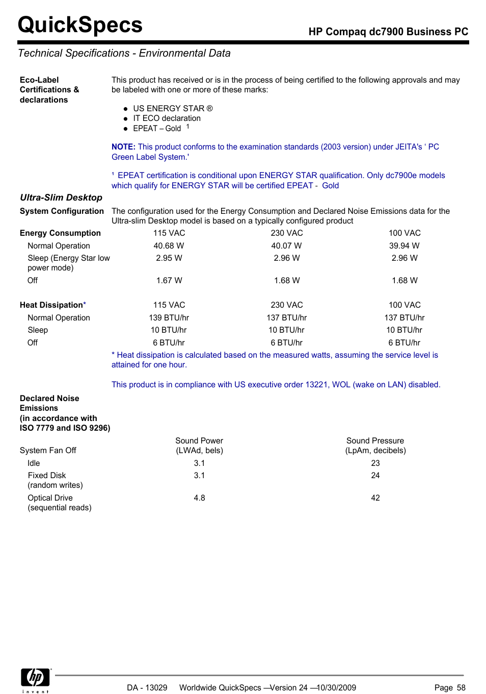 Technical specifications - environmental data, Quickspecs | HP QUICKSPECS DC7900 User Manual | Page 58 / 63