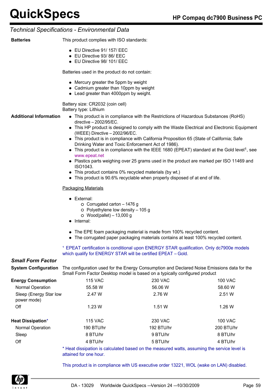 Quickspecs | HP QUICKSPECS DC7900 User Manual | Page 59 / 63