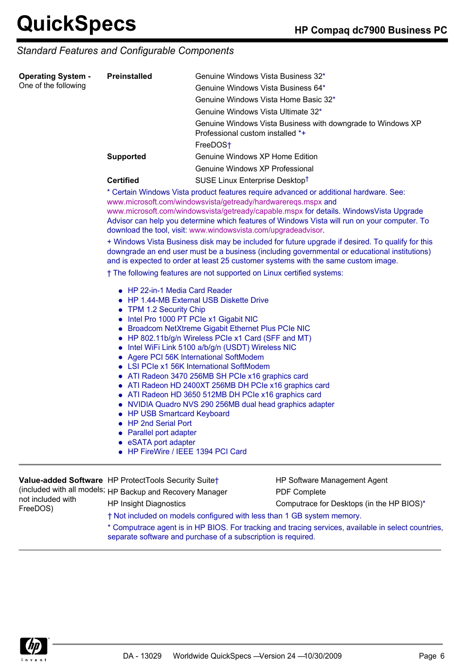 Standard features and configurable components, Quickspecs | HP QUICKSPECS DC7900 User Manual | Page 6 / 63