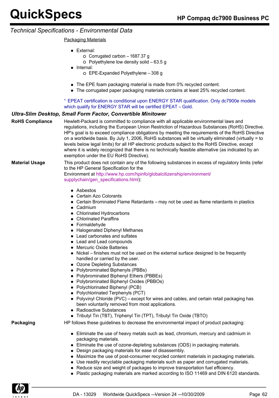 Quickspecs | HP QUICKSPECS DC7900 User Manual | Page 62 / 63