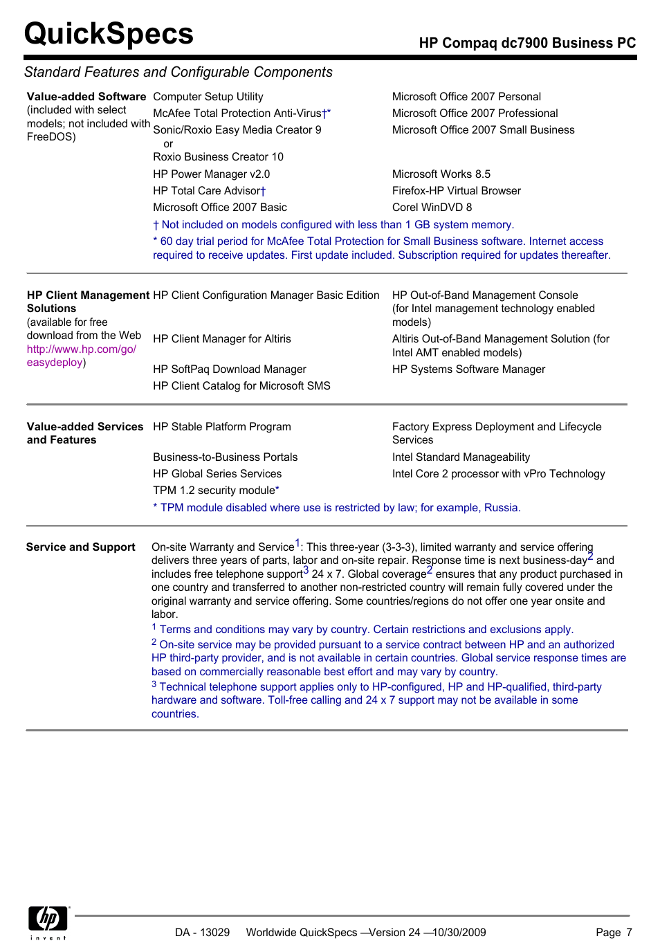 Quickspecs | HP QUICKSPECS DC7900 User Manual | Page 7 / 63