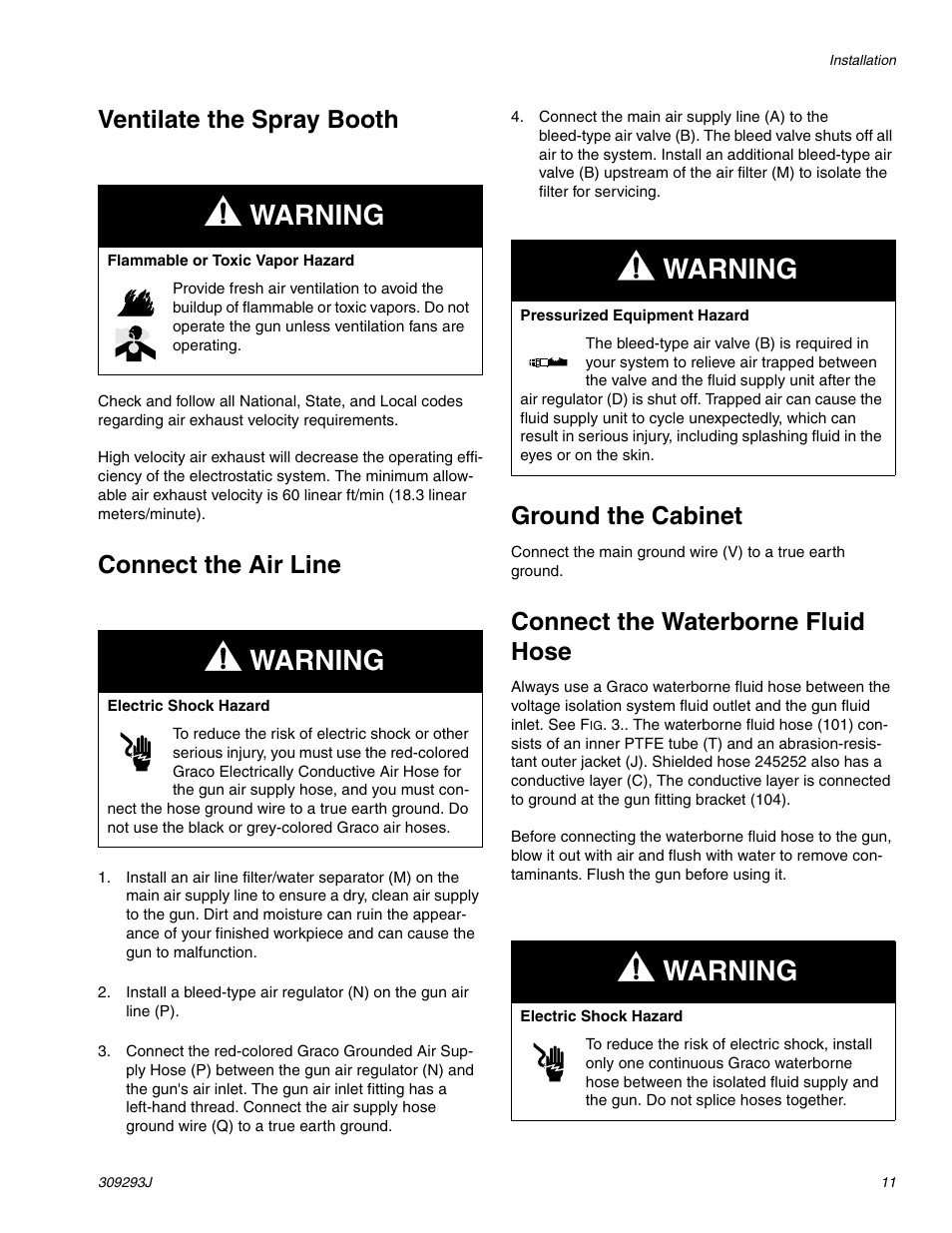 Ventilate the spray booth on pa, Warning, Ventilate the spray booth | Connect the air line, Ground the cabinet, Connect the waterborne fluid hose | HP GRACO OR PRO TI1681A User Manual | Page 11 / 70