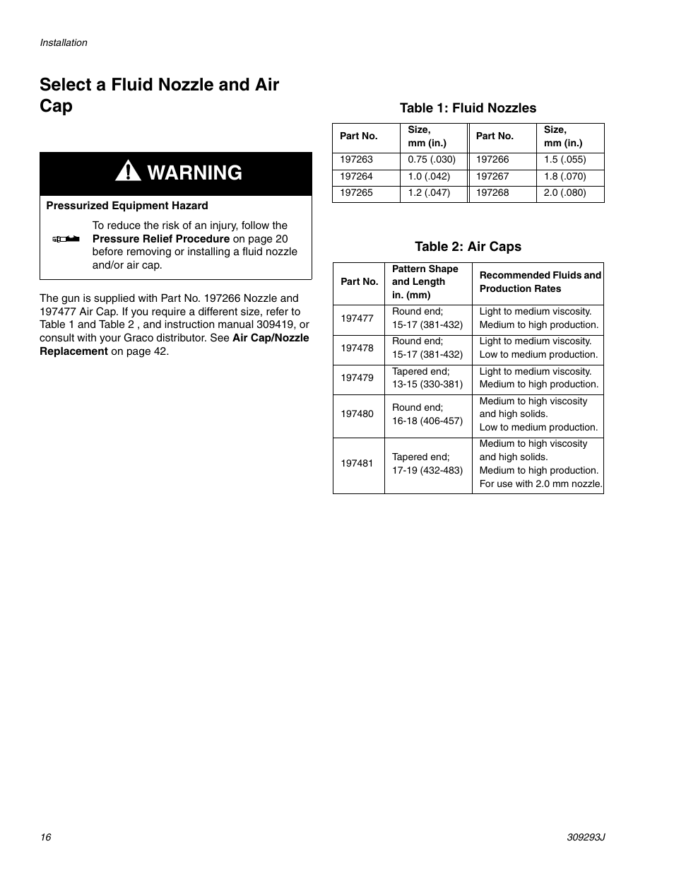 Warning, Select a fluid nozzle and air cap | HP GRACO OR PRO TI1681A User Manual | Page 16 / 70