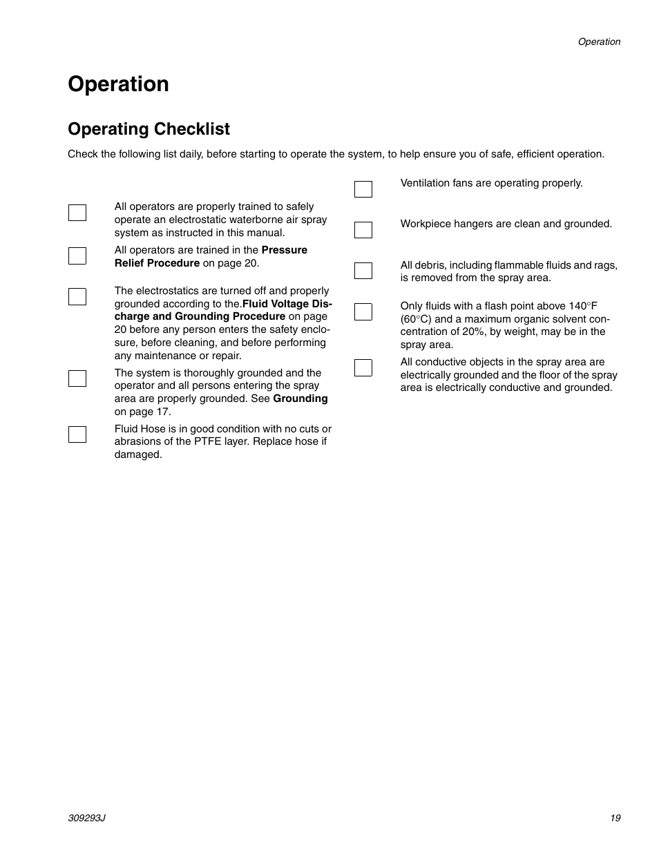 Operation, Operating checklist | HP GRACO OR PRO TI1681A User Manual | Page 19 / 70