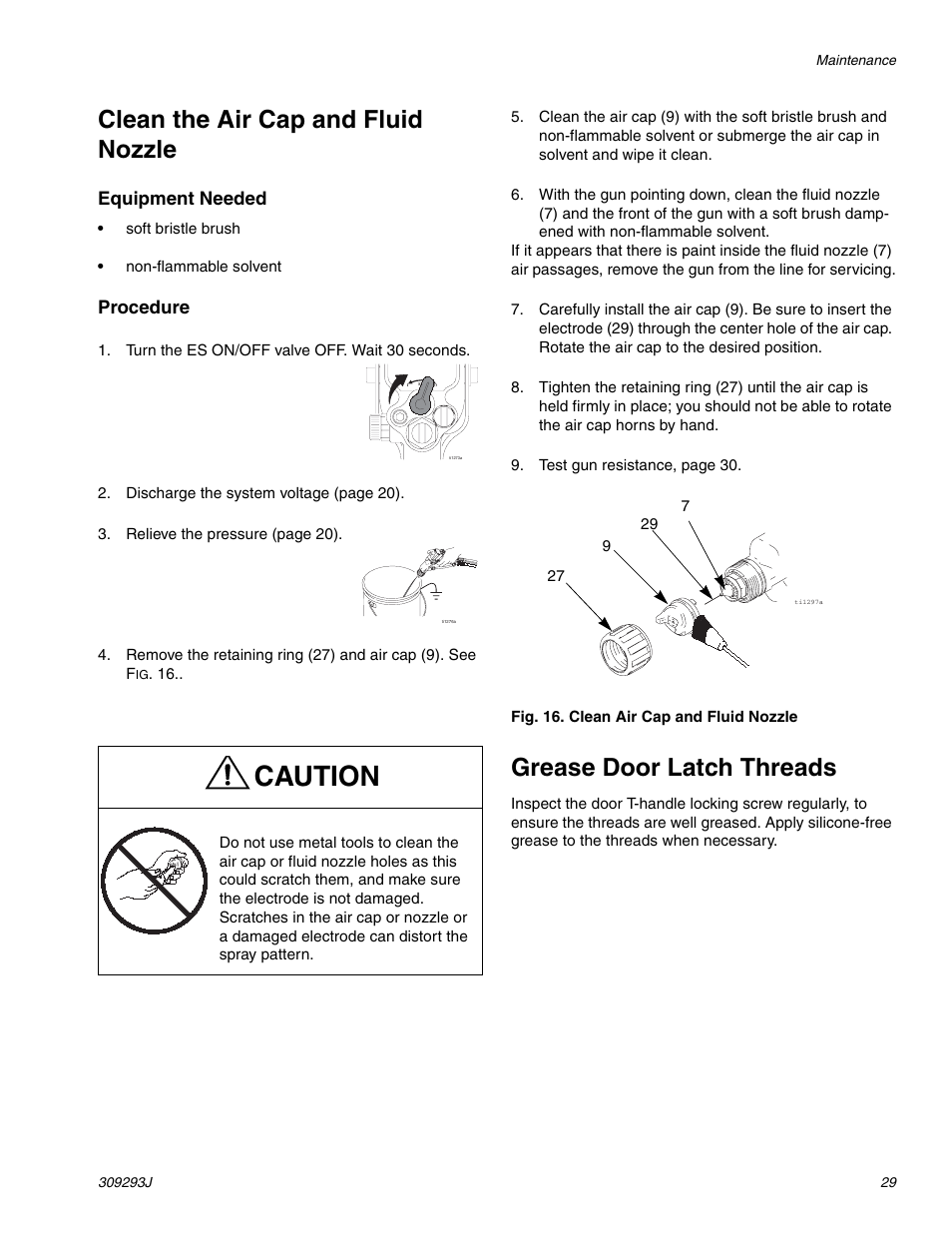 Caution, Clean the air cap and fluid nozzle, Grease door latch threads | Equipment needed, Procedure | HP GRACO OR PRO TI1681A User Manual | Page 29 / 70