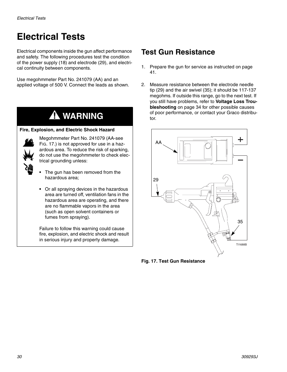 Electrical tests, See test gun resistance on, Warning | Test gun resistance | HP GRACO OR PRO TI1681A User Manual | Page 30 / 70