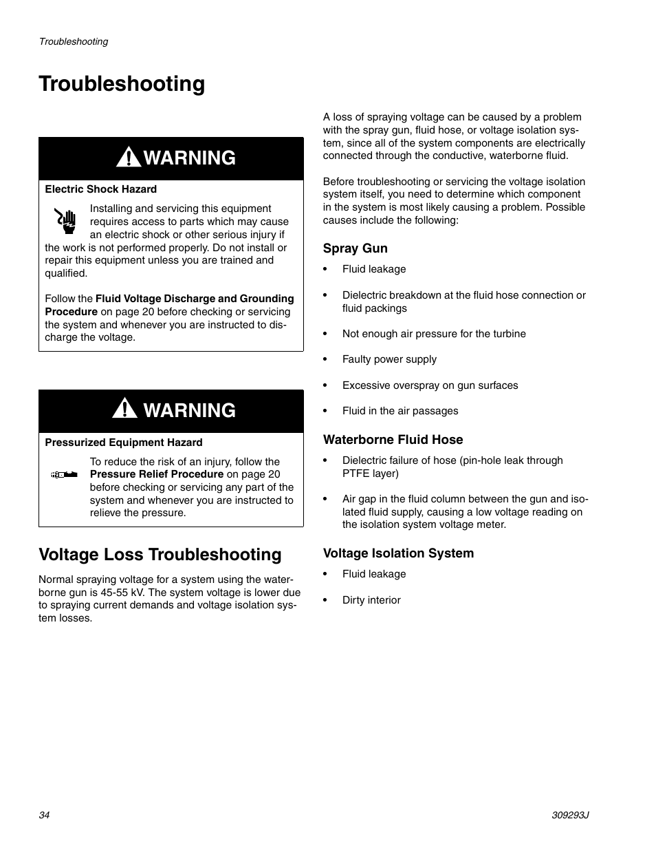 Troubleshooting, Voltage loss trou- bleshooting, Ge 34 | Warning, Voltage loss troubleshooting | HP GRACO OR PRO TI1681A User Manual | Page 34 / 70