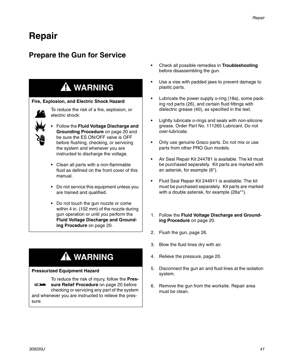 Repair, Warning, Prepare the gun for service | HP GRACO OR PRO TI1681A User Manual | Page 41 / 70