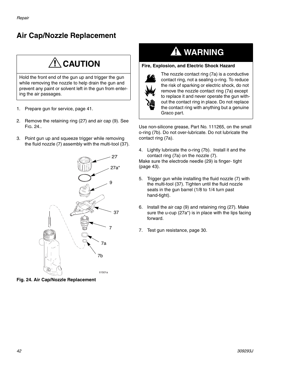 Air cap/nozzle replacement, E 42, Ge 42 | S 42, Caution, Warning | HP GRACO OR PRO TI1681A User Manual | Page 42 / 70
