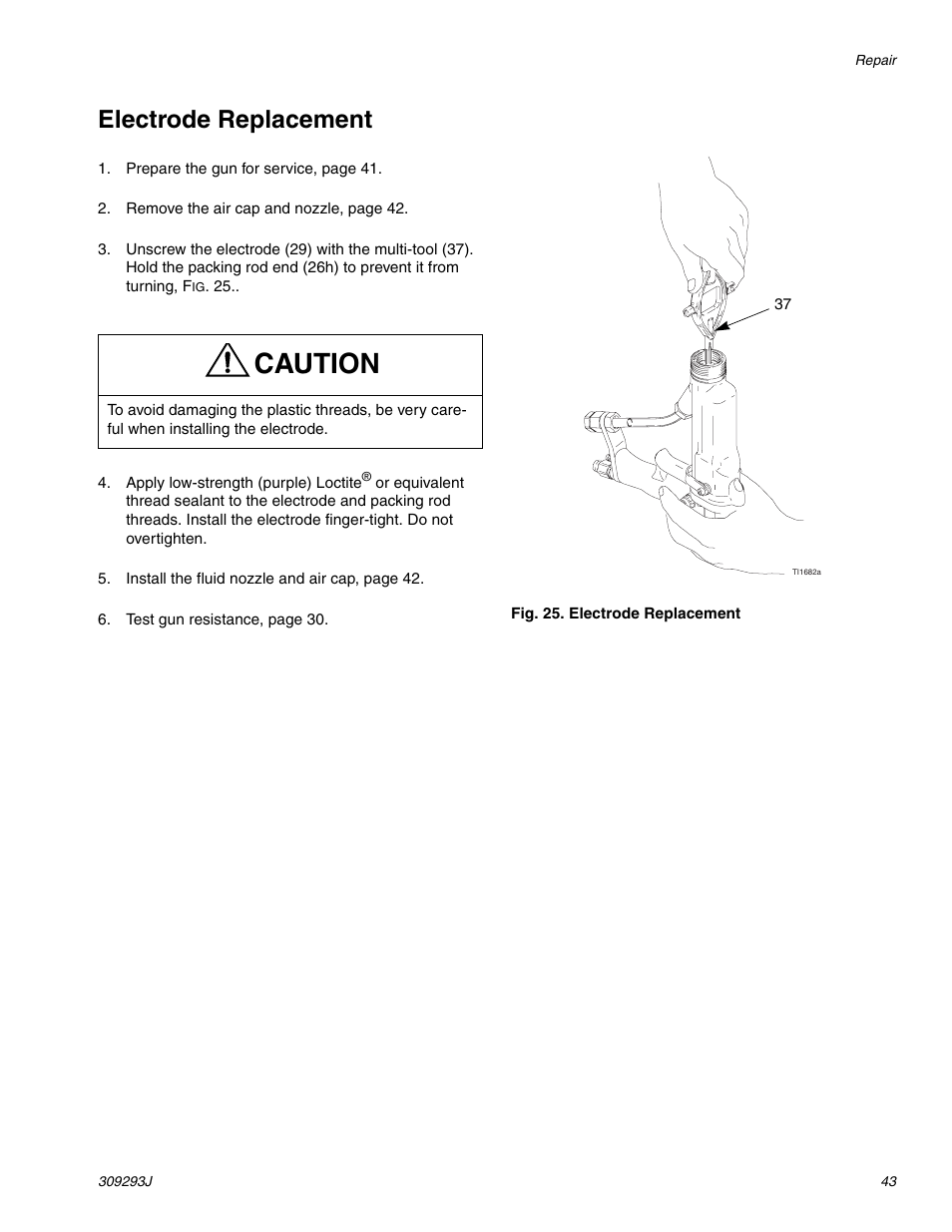 E 43, Caution, Electrode replacement | HP GRACO OR PRO TI1681A User Manual | Page 43 / 70