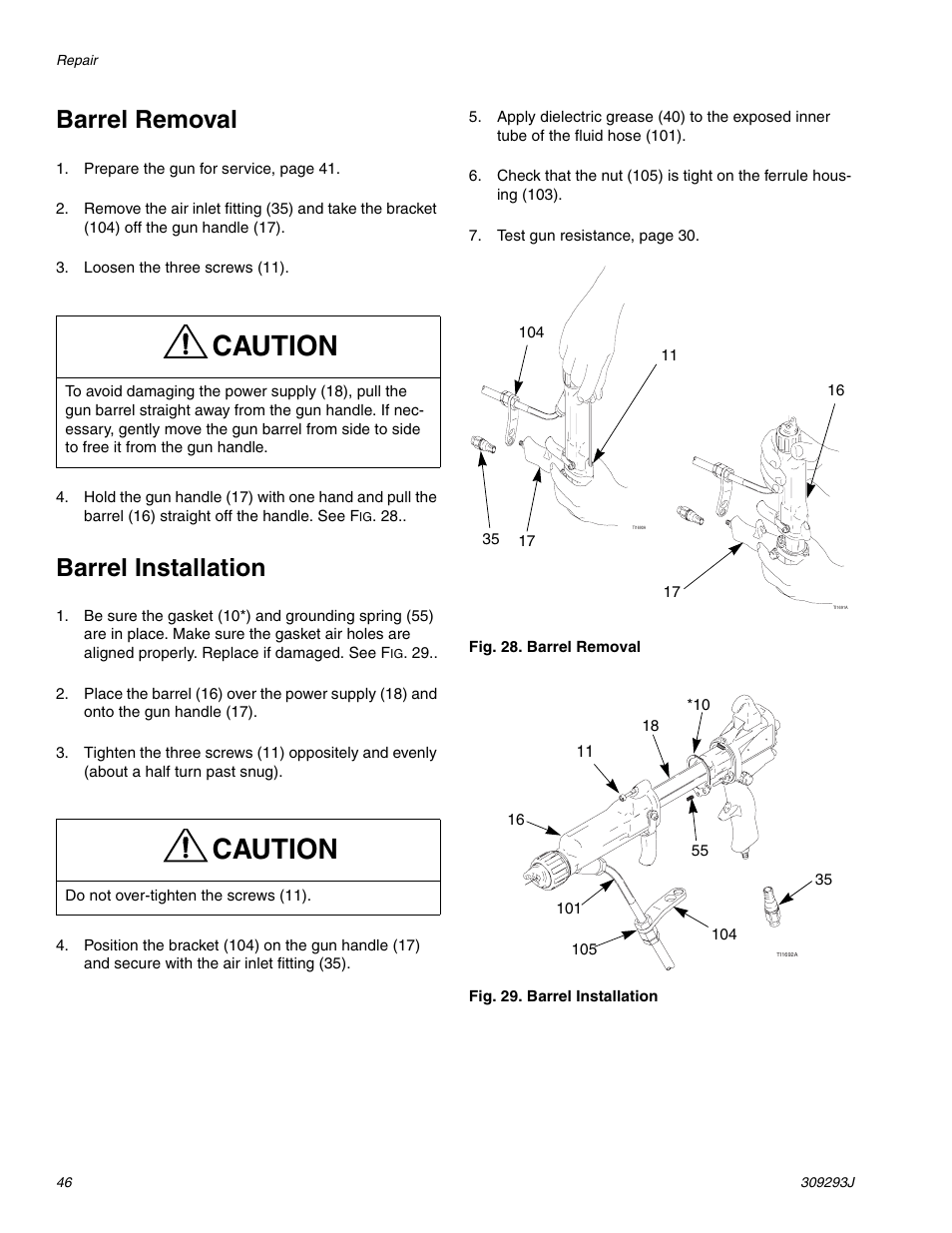 Caution, Barrel removal, Barrel installation | HP GRACO OR PRO TI1681A User Manual | Page 46 / 70