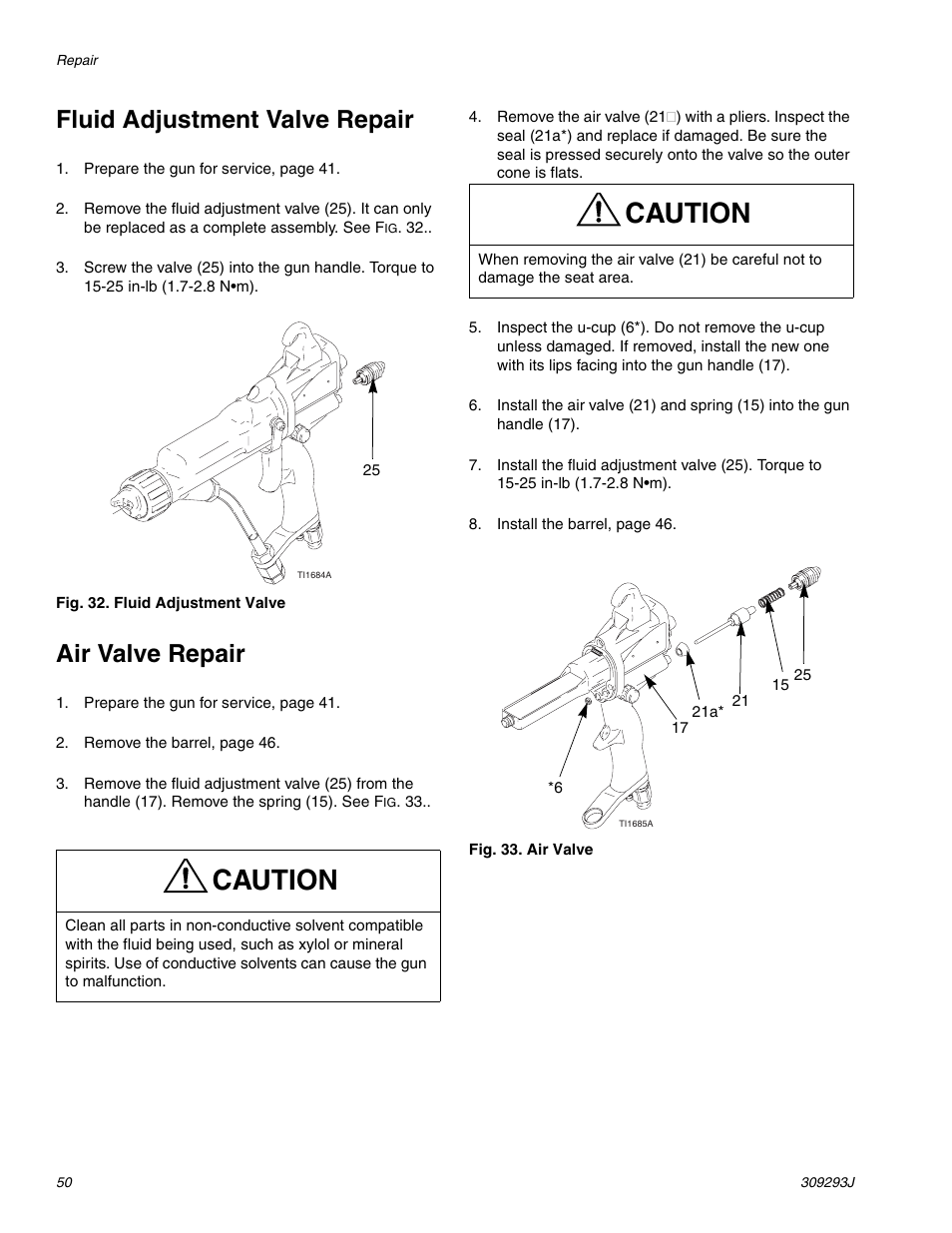 Caution, Fluid adjustment valve repair, Air valve repair | HP GRACO OR PRO TI1681A User Manual | Page 50 / 70