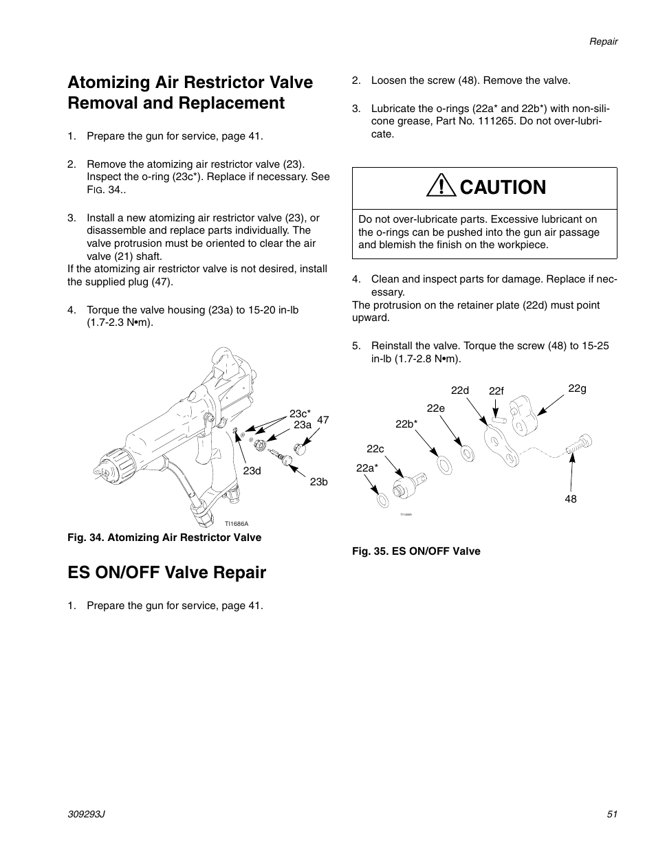 Caution, Es on/off valve repair | HP GRACO OR PRO TI1681A User Manual | Page 51 / 70