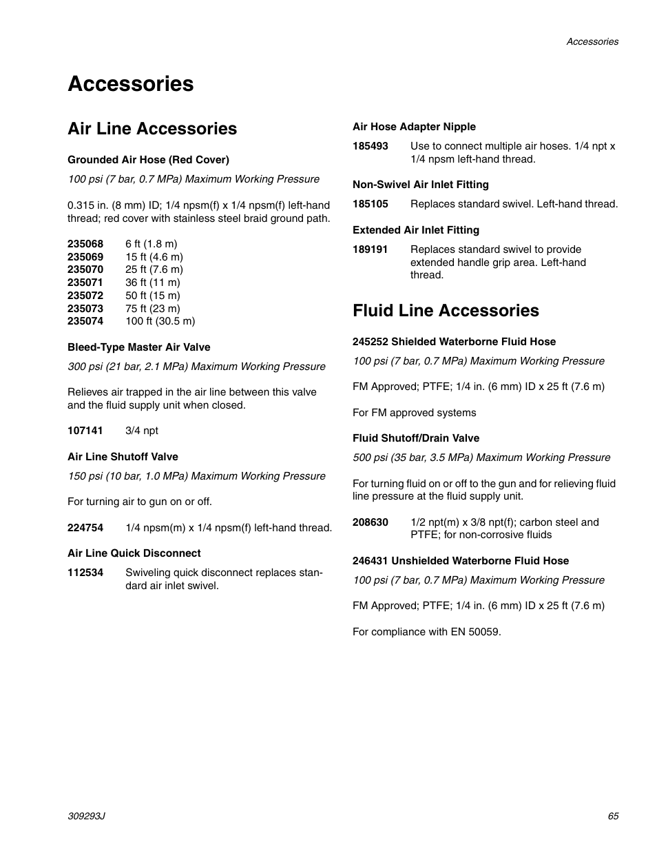 Accessories, Air line accessories, Fluid line accessories | HP GRACO OR PRO TI1681A User Manual | Page 65 / 70