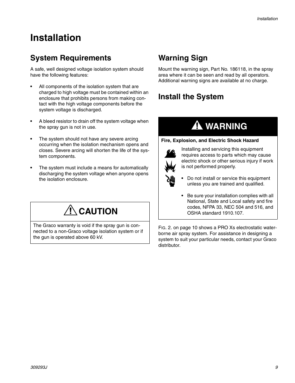 Installation, Caution, Warning | System requirements, Warning sign, Install the system | HP GRACO OR PRO TI1681A User Manual | Page 9 / 70