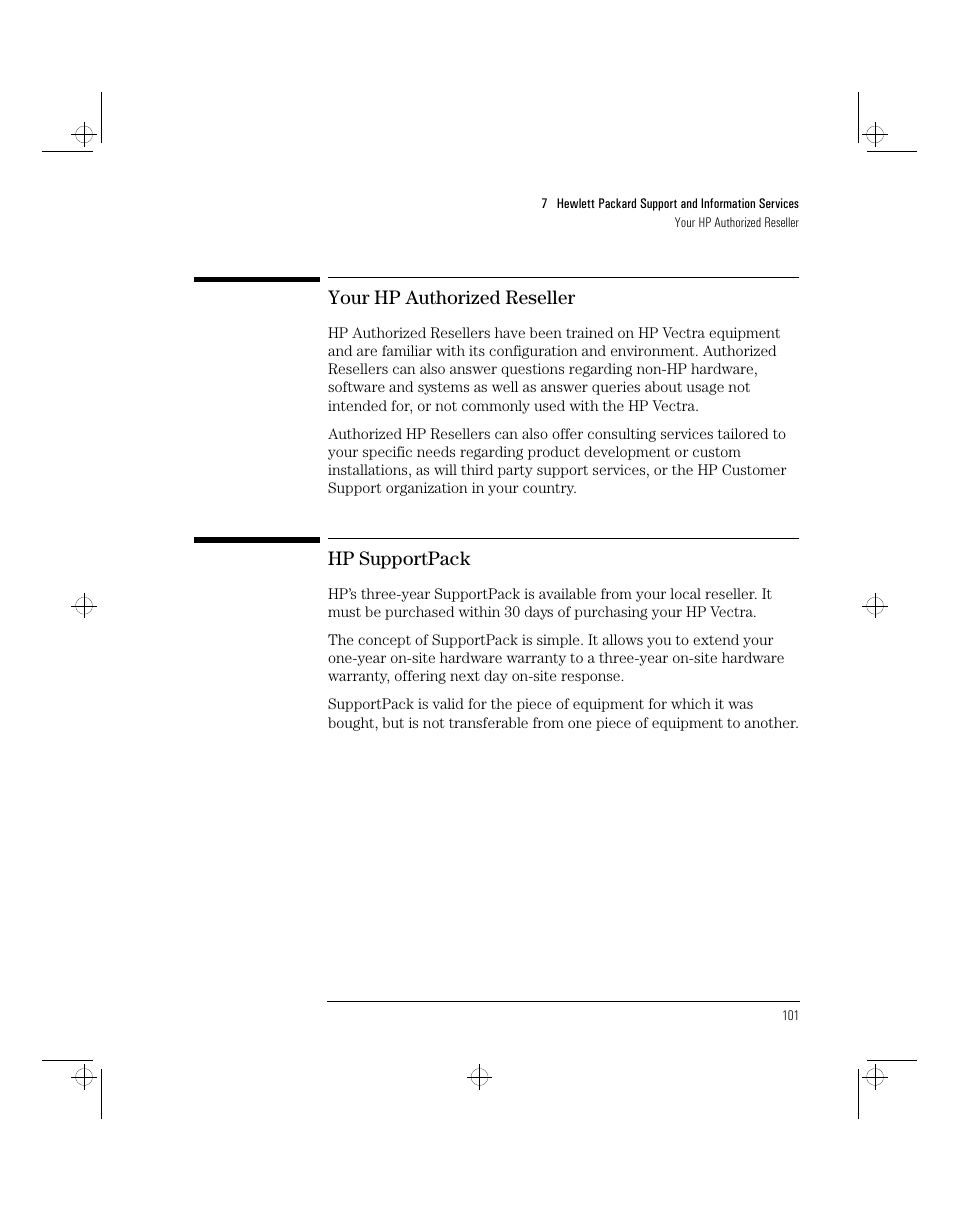 Your hp authorized reseller, Hp supportpack | HP 5/xx Series 4 User Manual | Page 113 / 140