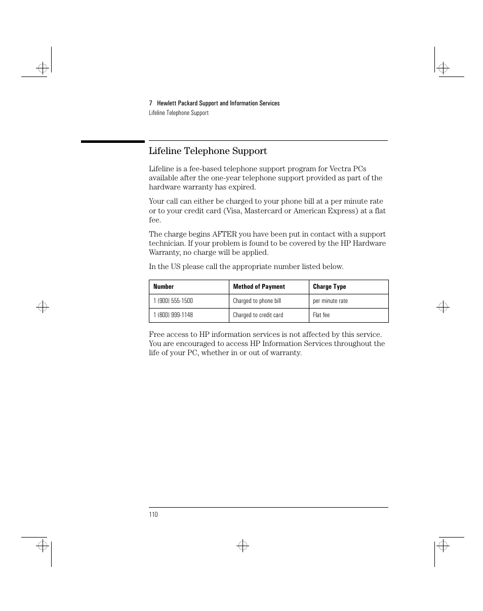 Lifeline telephone support | HP 5/xx Series 4 User Manual | Page 122 / 140