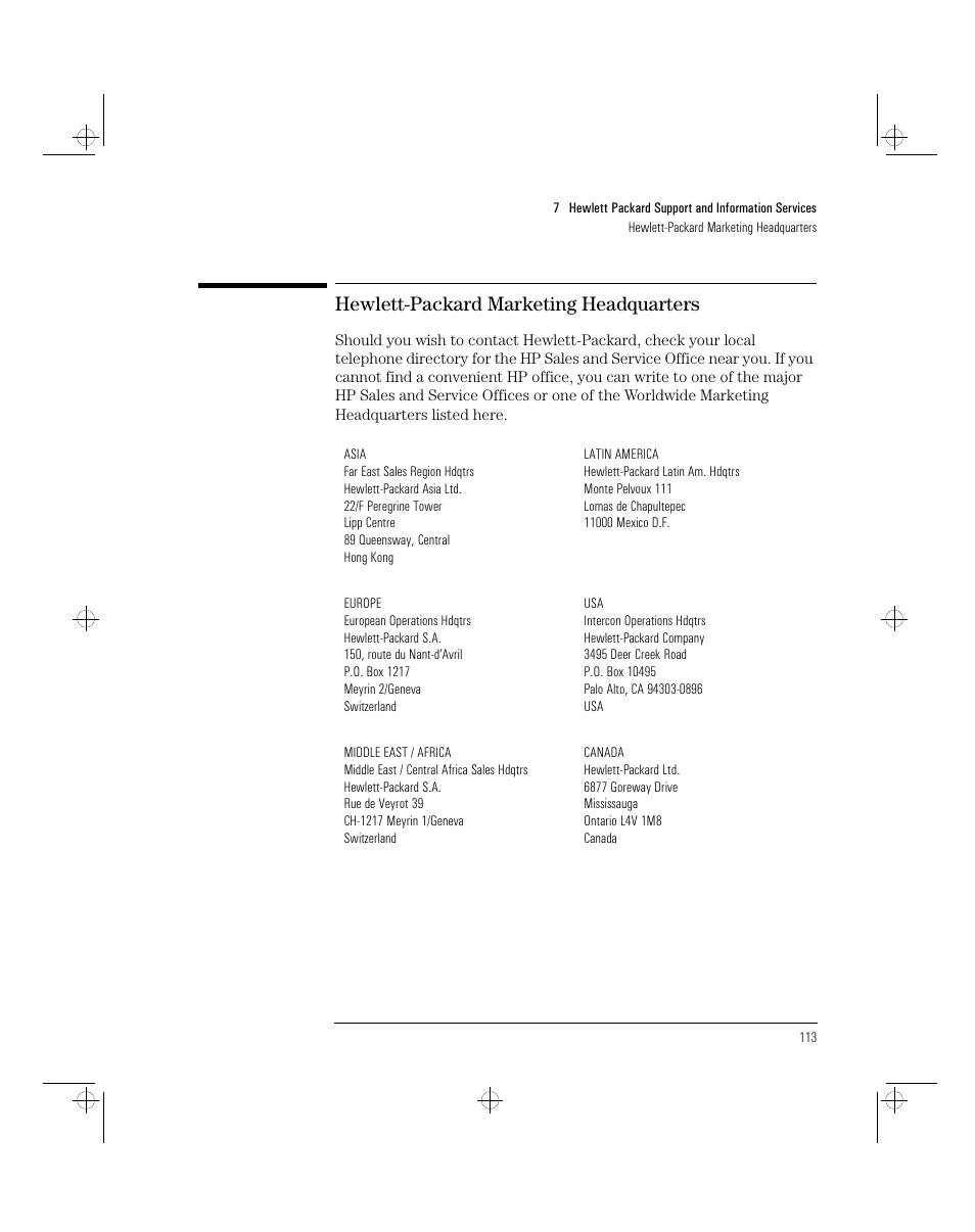Hewlett-packard marketing headquarters | HP 5/xx Series 4 User Manual | Page 125 / 140