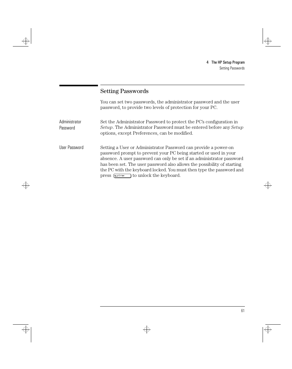 Setting passwords | HP 5/xx Series 4 User Manual | Page 73 / 140