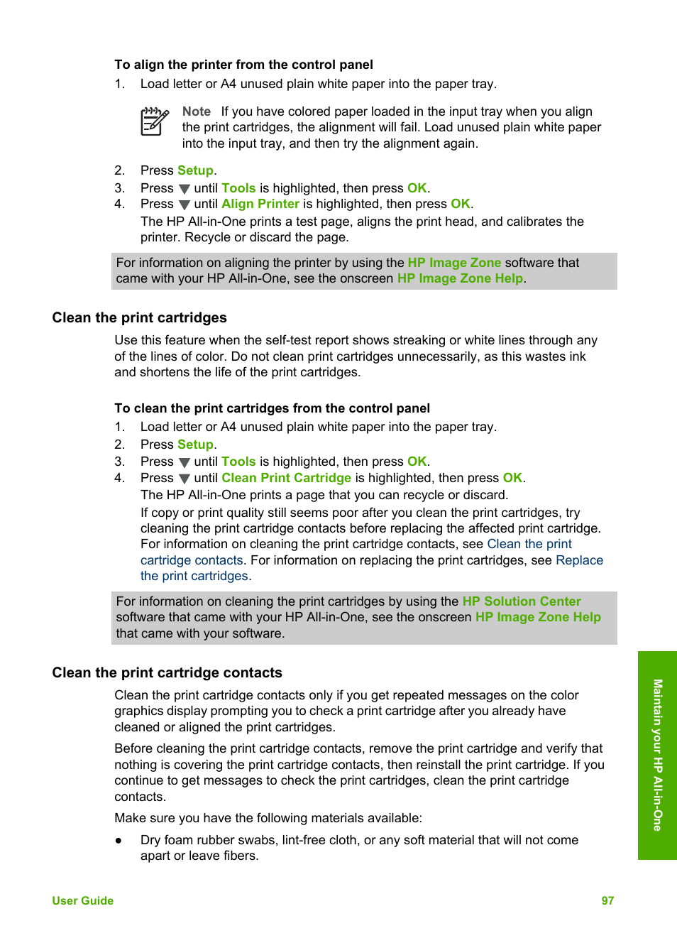 Clean the print cartridges, Clean the print cartridge contacts | HP 2570 User Manual | Page 100 / 142