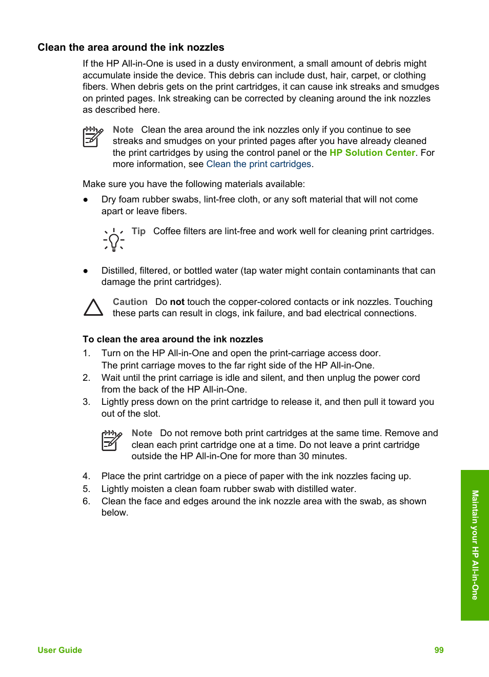 Clean the area around the ink nozzles | HP 2570 User Manual | Page 102 / 142