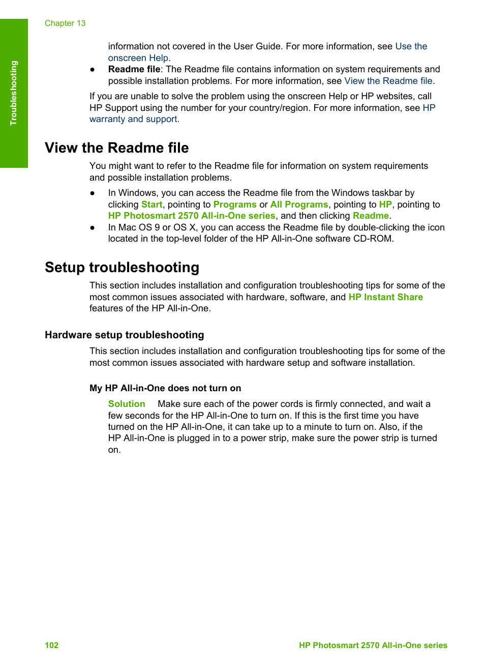 View the readme file, Setup troubleshooting, Hardware setup troubleshooting | View the readme file setup troubleshooting, View the, Readme file | HP 2570 User Manual | Page 105 / 142