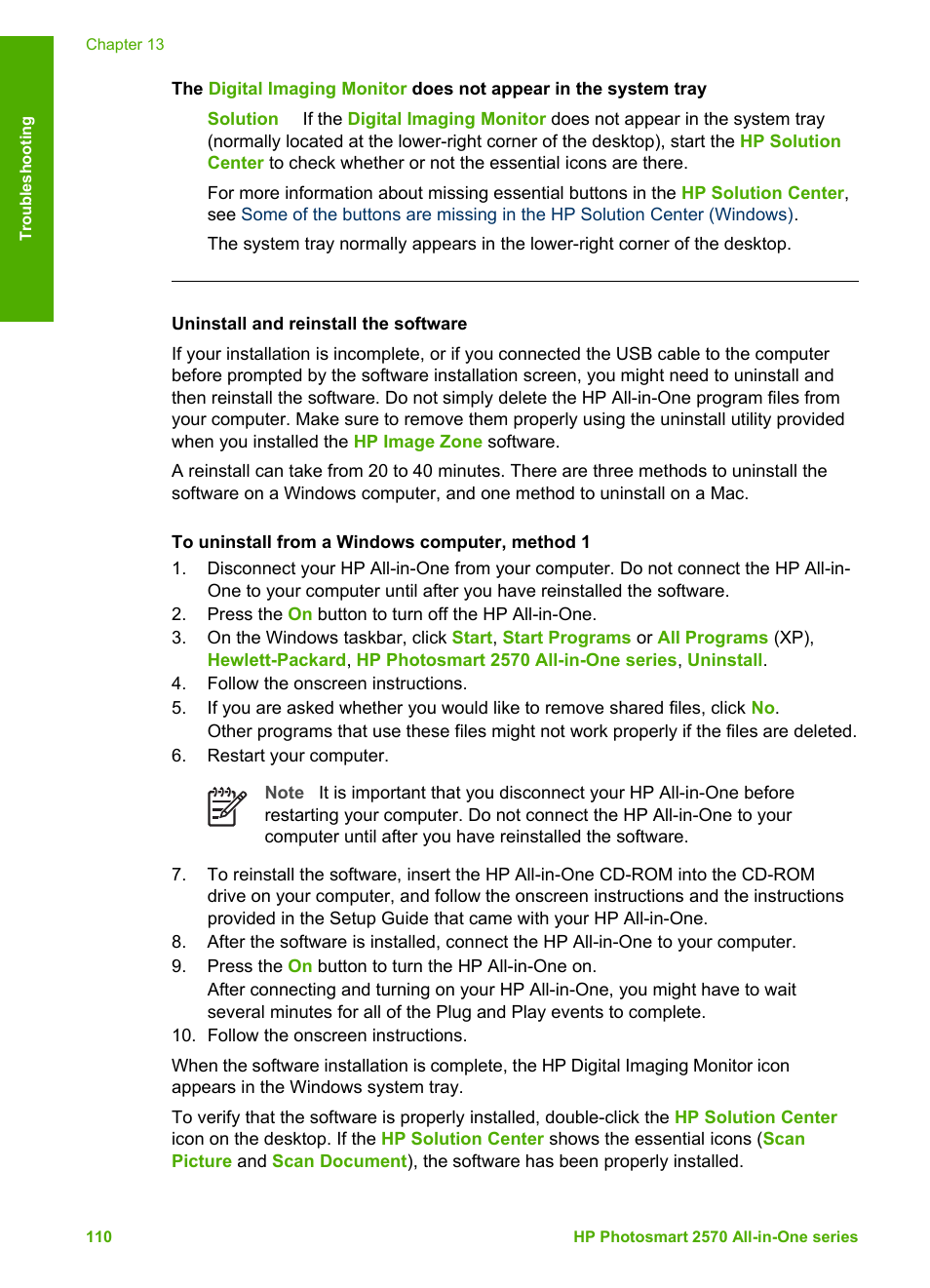 Uninstall and reinstall the software, Uninstall and, Reinstall the software | Uninstall, And reinstall the software | HP 2570 User Manual | Page 113 / 142