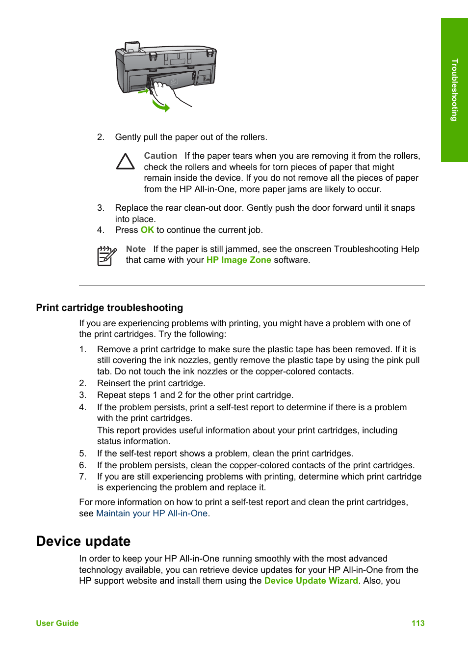 Print cartridge troubleshooting, Device update | HP 2570 User Manual | Page 116 / 142