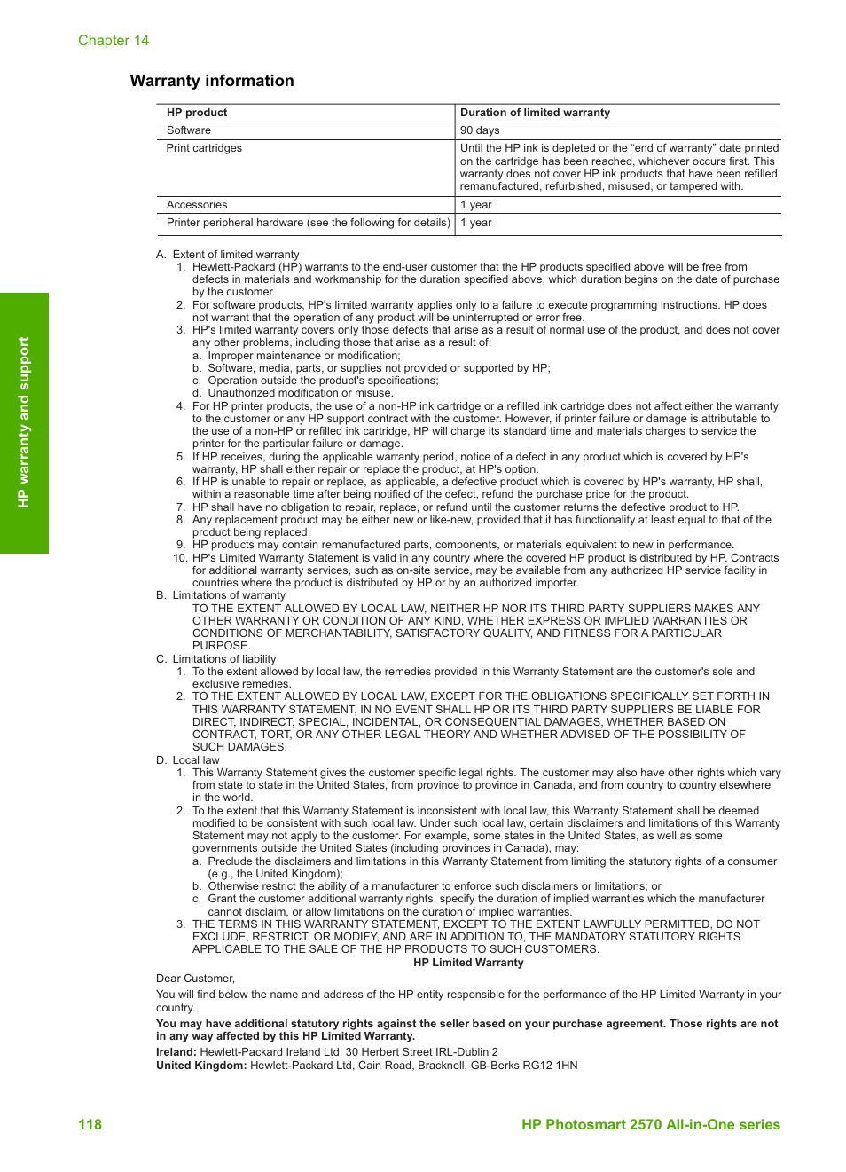 Warranty information | HP 2570 User Manual | Page 121 / 142