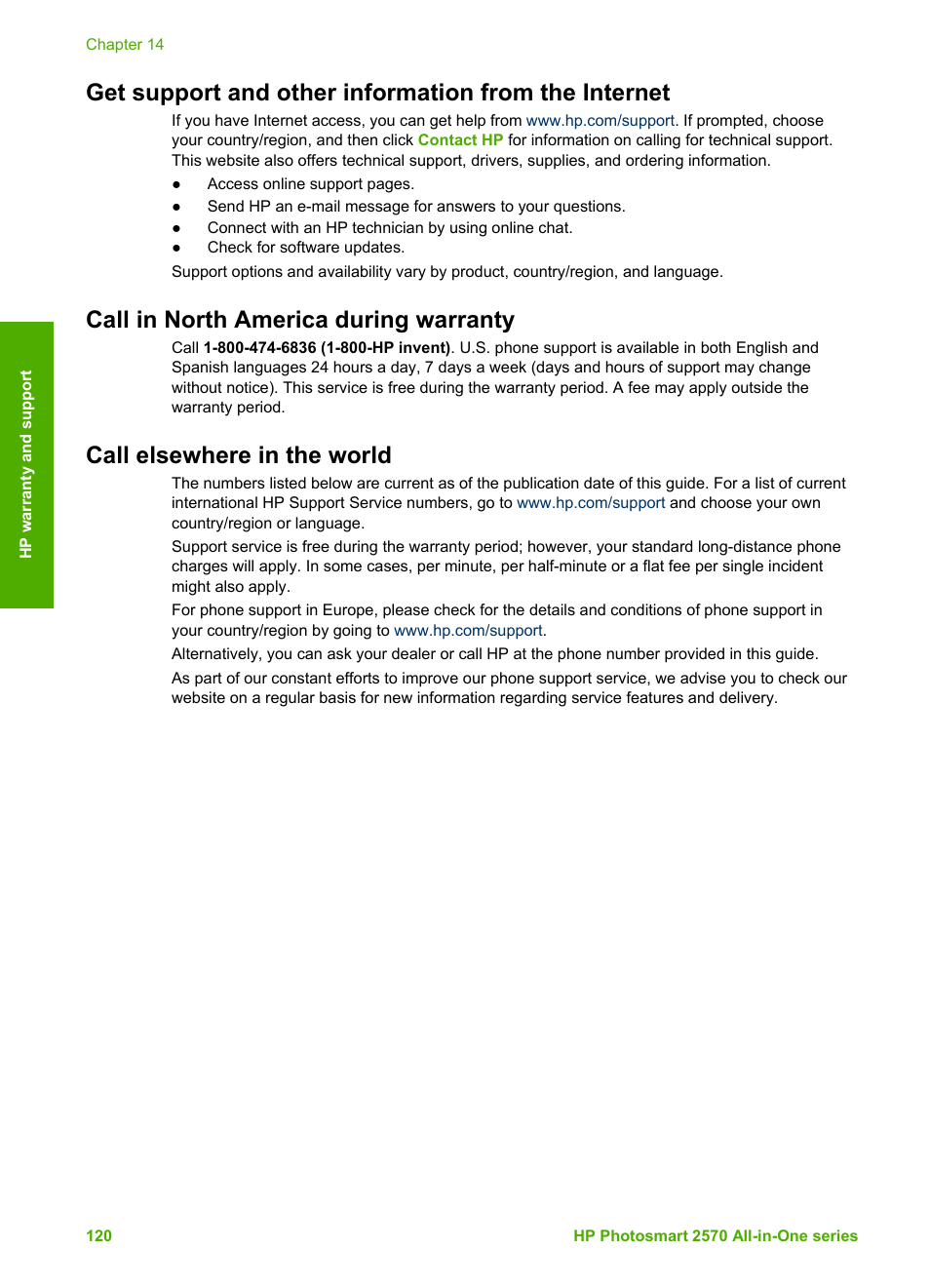 Call in north america during warranty, Call elsewhere in the world, Support office. see | Call elsewhere in, The world, For more information and | HP 2570 User Manual | Page 123 / 142