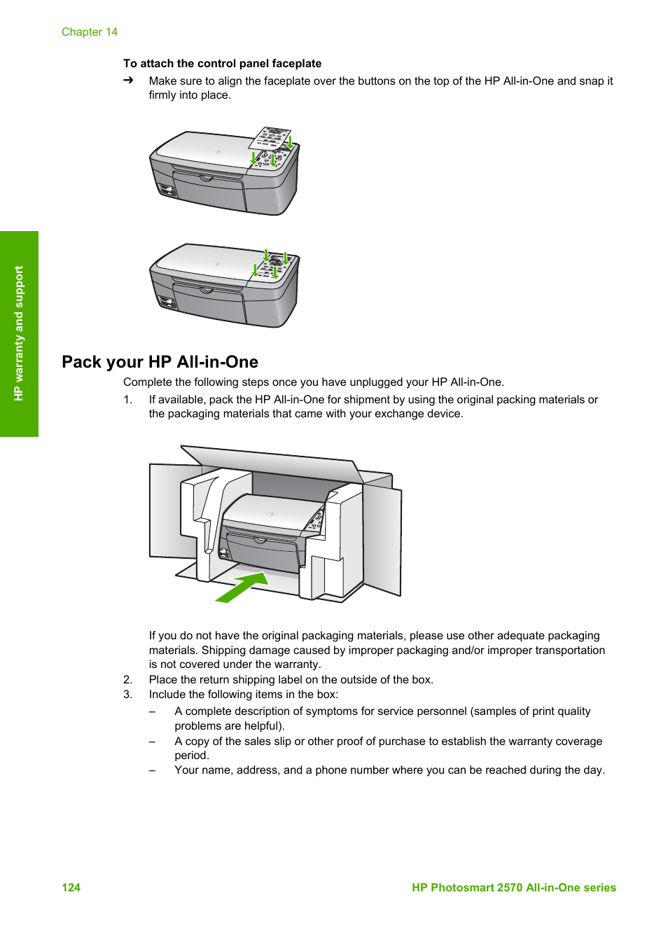 Pack your hp all-in-one, For exchange, see | HP 2570 User Manual | Page 127 / 142