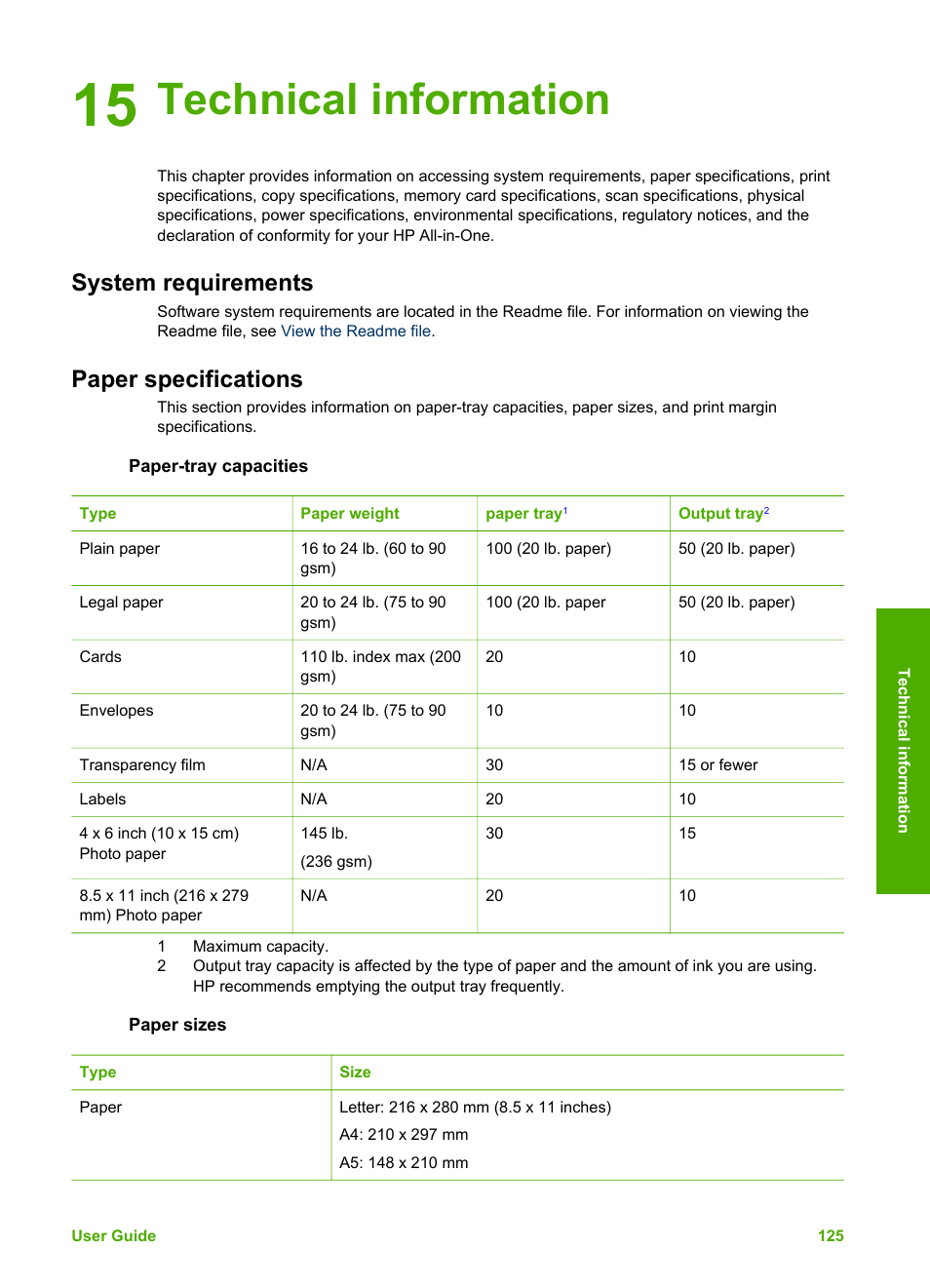 Technical information, System requirements, Paper specifications | Paper-tray capacities, Paper sizes, 15 technical information, System requirements paper specifications | HP 2570 User Manual | Page 128 / 142