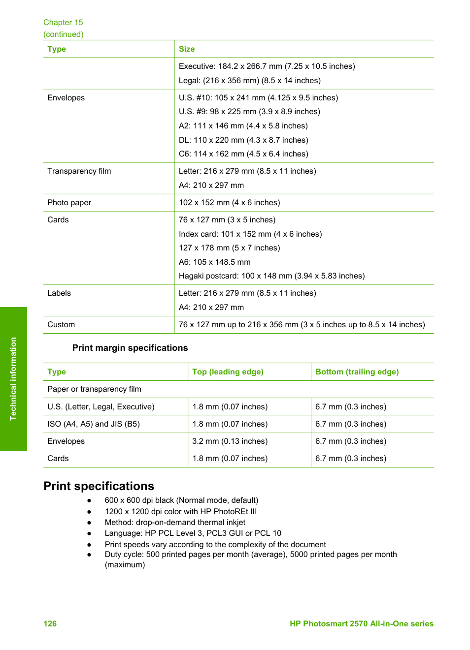 Print margin specifications, Print specifications | HP 2570 User Manual | Page 129 / 142