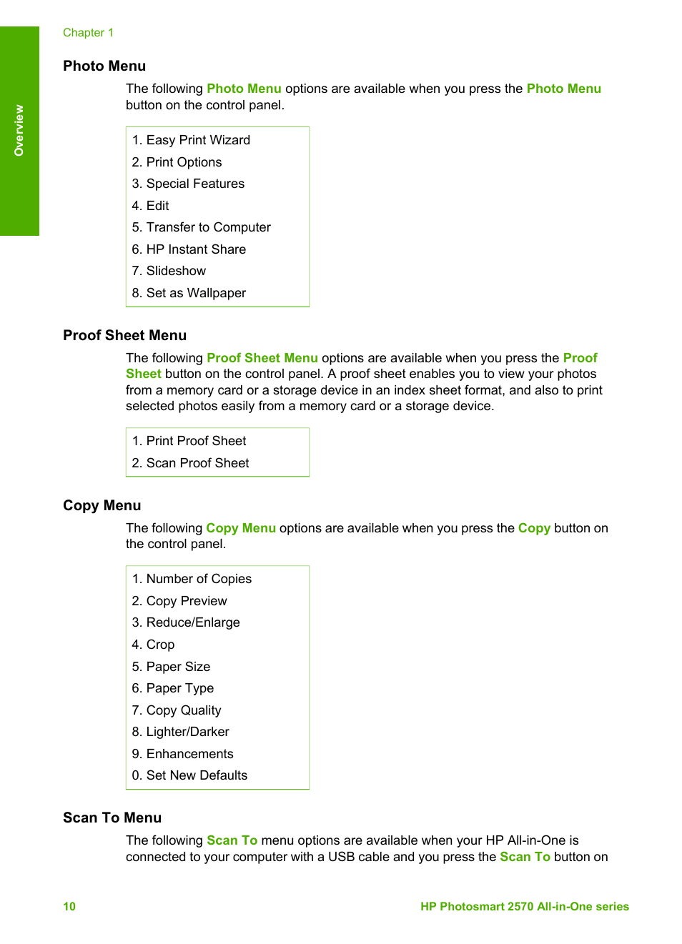 Photo menu, Proof sheet menu, Copy menu | Scan to menu | HP 2570 User Manual | Page 13 / 142