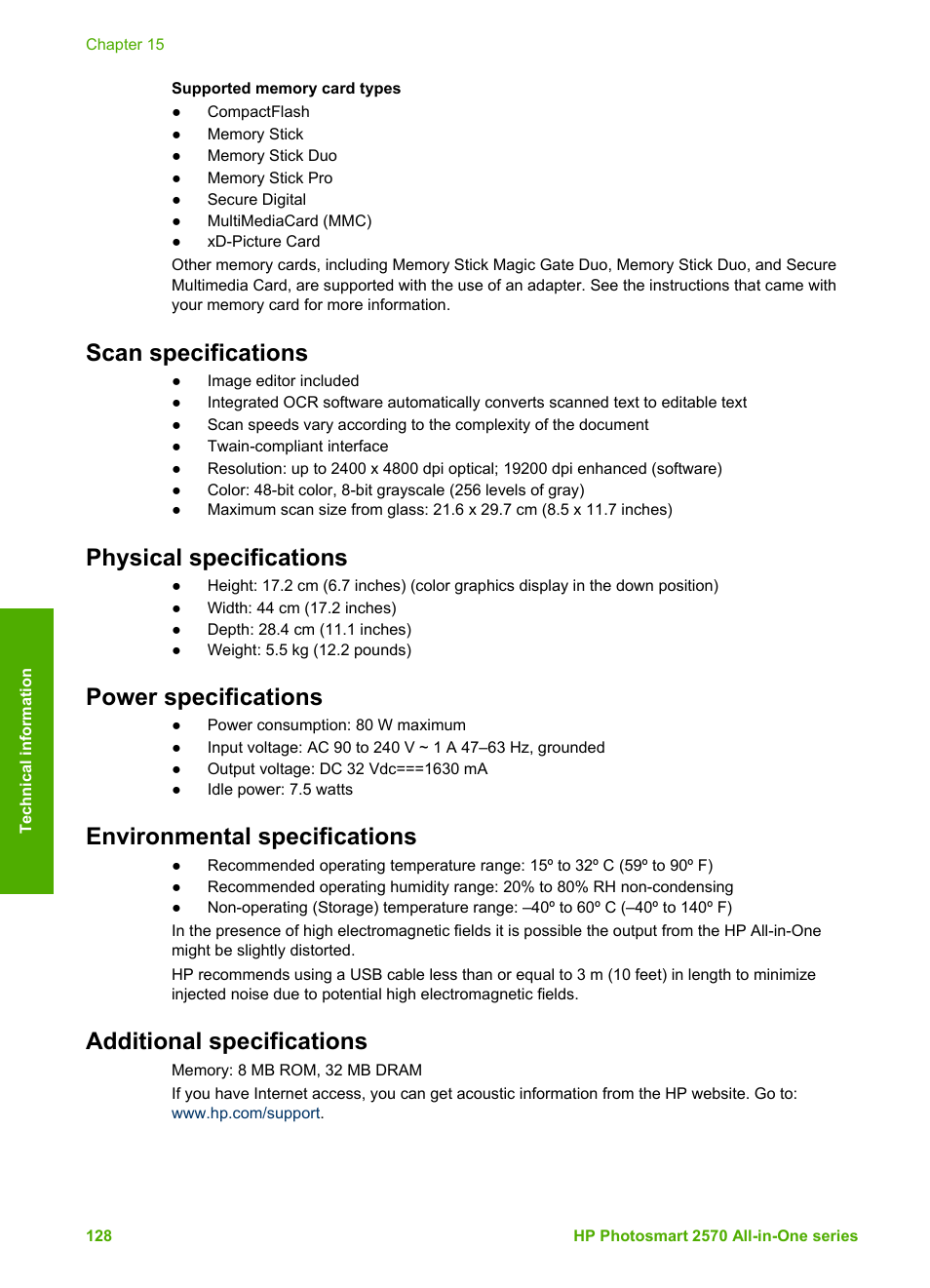 Scan specifications, Physical specifications, Power specifications | Environmental specifications, Additional specifications | HP 2570 User Manual | Page 131 / 142