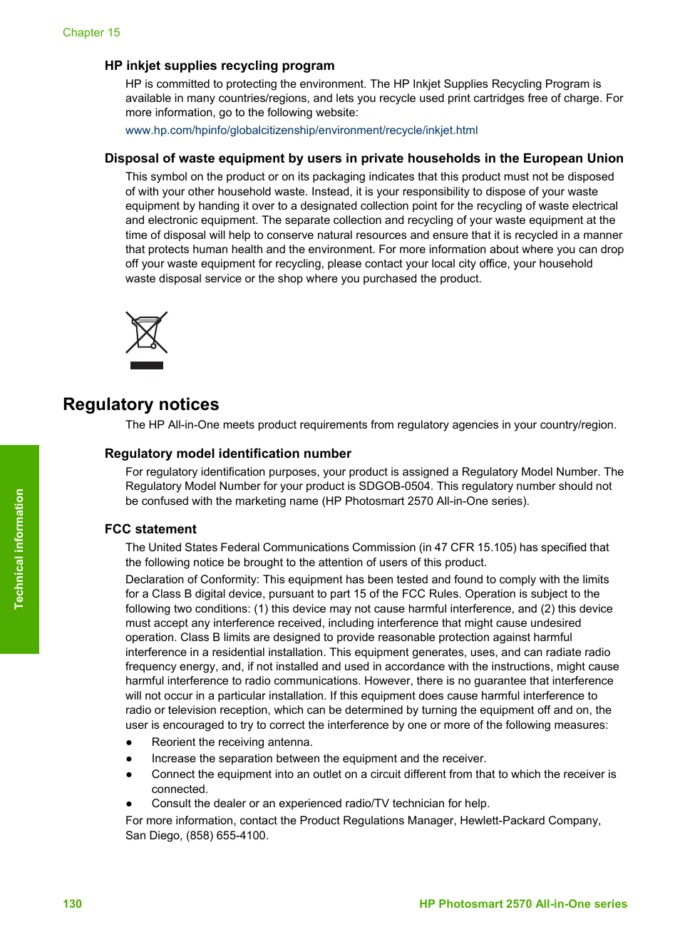 Hp inkjet supplies recycling program, Regulatory notices, Regulatory model identification number | Fcc statement | HP 2570 User Manual | Page 133 / 142